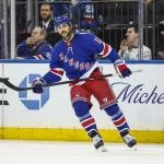 Feb 28, 2026; New York, New York, USA; New York Rangers center Vincent Trocheck (16) reacts after scoring a goal during a shootout against the Pittsburgh Penguins at Madison Square Garden.