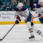 Feb 28, 2026; San Jose, California, USA; Edmonton Oilers center Leon Draisaitl (29) skates with the puck against the San Jose Sharks during the first period at SAP Center at San Jose. Mandatory Credit: Neville E. Guard-Imagn Images