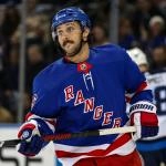 Mar 19, 2024; New York, New York, USA; New York Rangers center Vincent Trocheck (16) reacts to a call against the Winnipeg Jets during the first period at Madison Square Garden.