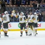 Jan 23, 2026; Toronto, Ontario, CAN; Vegas Golden Knights right wing Mitch Marner (93) celebrates the win against the Toronto Maple Leafs with right wing Mark Stone (61) at the end of the third period at Scotiabank Arena. Mandatory Credit: Nick Turchiaro-Imagn Images