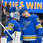 Jan 3, 2026; St. Louis, Missouri, USA; St. Louis Blues goaltender Jordan Binnington (50) celebrates with defenseman Colton Parayko (55) after recording a shutout in a victory over the Montreal Canadiens at Enterprise Center. Mandatory Credit: Jeff Curry-Imagn Images