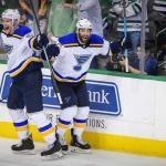 Apr 29, 2019; Dallas, TX, USA; St. Louis Blues defenseman Colton Parayko (55) and left wing Pat Maroon (7) in action during game three between the Stars and the Blues the second round of the 2019 Stanley Cup Playoffs at American Airlines Center. Mandatory Credit: Jerome Miron-Imagn Images