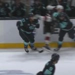 Seattle Kraken forward Jaden Schwartz being hit in the face by the skate of Senators forward Nick Cousins