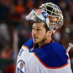 Feb 4, 2026; Calgary, Alberta, CAN; Edmonton Oilers goaltender Tristan Jarry (35) during the second period against the Calgary Flames at Scotiabank Saddledome. Mandatory Credit: Sergei Belski-Imagn Images