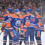 Mar 15, 2026; Edmonton, Alberta, CAN; Edmonton Oilers center Leon Draisaitl (29), left wing Zach Hyman (18) and Oilers center Ryan Nugent-Hopkins (93) celebrate a goal on Nashville Predators goalie Justus Annunen (29) during the first period at Rogers Place. Mandatory Credit: Walter Tychnowicz-Imagn Images