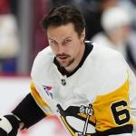 Mar 16, 2026; Denver, Colorado, USA; Pittsburgh Penguins defenseman Erik Karlsson (65) before the game against the Colorado Avalanche at Ball Arena.
