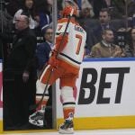 Mar 12, 2026; Toronto, Ontario, CAN; Anaheim Ducks defenseman Radko Gudas (7) leaves the ice after being ejected from the game for a hit on Toronto Maple Leafs forward Auston Matthews (not pictured) during the second period at Scotiabank Arena.