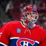 Feb 26, 2026; Montreal, Quebec, CAN; Montreal Canadiens goalie Samuel Montembeault (35) looks on during warm-up before the game against the New York Islanders at Bell Centre.