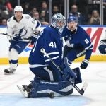 Mar 7, 2026; Toronto, Ontario, CAN; Toronto Maple Leafs goalie Anthony Stolarz (41) makes a save against the Tampa Bay Lightning in the secod period at Scotiabank Arena. Mandatory Credit: Dan Hamilton-Imagn Images