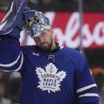 Mar 2, 2026; Toronto, Ontario, CAN; Toronto Maple Leafs goaltender Anthony Stolarz (41) adjusts his helmet during a break in the action against the Philadelphia Flyers at Scotiabank Arena. Mandatory Credit: John E. Sokolowski-Imagn Images