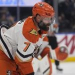 Mar 12, 2026; Toronto, Ontario, CAN; Anaheim Ducks defenseman Radko Gudas (7) gets set for a face off against the Toronto Maple Leafs during the first period at Scotiabank Arena. Mandatory Credit: John E. Sokolowski-Imagn Images