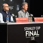 Jun 3, 2025; Edmonton, Alberta, CAN; Edmonton Oilers general manager Stan Bowman along with Oilers head coach Kris Knoblauch are seen during media day in advance of the 2025 Stanley Cup Final at Rogers Place. Mandatory Credit: Walter Tychnowicz-Imagn Images