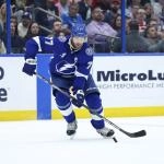 Mar 12, 2026; Tampa, Florida, USA; Tampa Bay Lightning defenseman Victor Hedman (77) shoots the puck against the Detroit Red Wings in the first period at Benchmark International Arena.
