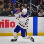 Mar 21, 2026; Los Angeles, California, USA; Buffalo Sabres defenseman Rasmus Dahlin (26) shoots on goal against the Los Angeles Kings during the third period at Crypto.com Arena.