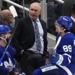 Mar 12, 2026; Toronto, Ontario, CAN; Toronto Maple Leafs head coach Craig Berube talks forward Benoit-Olivier Groulx (29) and forward Nic Robertson (89) during a break in the action against the Anaheim Ducks during the third period at Scotiabank Arena.