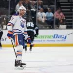 Mar 24, 2026; Salt Lake City, Utah, USA; Edmonton Oilers center Connor McDavid (97) reacts to scoring an open net goal against the Utah Mammoth during the third period at Delta Center.