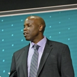Jul 7, 2022; Montreal, Quebec, CANADA; Filip Bystedt shakes hands with San Jose Sharks general manager Mike Grier after being selected as the number twenty-seven overall pick to the San Jose Sharks in the first round of the 2022 NHL Draft at Bell Centre.