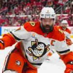 Jan 12, 2025; Raleigh, North Carolina, USA; Anaheim Ducks defenseman Radko Gudas (7) watches the play against the Carolina Hurricanes during the third period at Lenovo Center