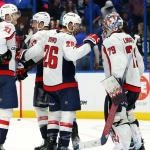 Nov 27, 2024; Tampa, Florida, USA; Washington Capitals goaltender Charlie Lindgren (79), center Nic Dowd (26), right wing Tom Wilson (43) and center Aliaksei Protas (21) celebrate after they beat the Tampa Bay Lightning at Amalie Arena. Mandatory Credit: Kim Klement Neitzel-Imagn Images