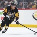 Mar 22, 2026; Pittsburgh, Pennsylvania, USA; Pittsburgh Penguins center Evgeni Malkin (71) skates up ice with the puck against the Carolina Hurricanes during the first period at PPG Paints Arena. Mandatory Credit: Charles LeClaire-Imagn Images