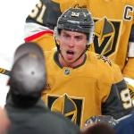 Jan 29, 2026; Las Vegas, Nevada, USA; Vegas Golden Knights right wing Mitch Marner (93) shouts toward a team mate on the bench after scoring a goal against the Dallas Stars during the third period at T-Mobile Arena. Mandatory Credit: Stephen R. Sylvanie-Imagn Images