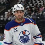 Mar 24, 2026; Salt Lake City, Utah, USA; Edmonton Oilers defenseman Evan Bouchard (2) warms up before a game against the Utah Mammoth at Delta Center. Mandatory Credit: Rob Gray-Imagn Images