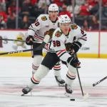 Mar 29, 2026; Newark, New Jersey, USA; Chicago Blackhawks center Connor Bedard (98) skates with the puck against the New Jersey Devils during the third period at Prudential Center. Mandatory Credit: Ed Mulholland-Imagn Images
