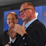 Jun 1, 2023; Toronto, Ontario, CANADA; Toronto Maple Leafs new general manager Brad Treliving is introduced by club president Brendan Shanahan (left) at a press conference at Scotiabank Arena.