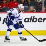 Mar 22, 2026; Calgary, Alberta, CAN; Tampa Bay Lightning right wing Nikita Kucherov (86) skates with the puck against the Calgary Flames during the third period at Scotiabank Saddledome. Mandatory Credit: Sergei Belski-Imagn Images