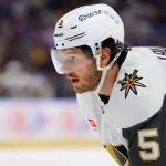 Mar 3, 2026; Buffalo, New York, USA; Vegas Golden Knights defenseman Jeremy Lauzon (5) waits for the face-off during the third period against the Buffalo Sabres at KeyBank Center.