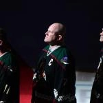 Feb 18, 2017; Glendale, AZ, USA; Former Arizona Coyotes Teppo Numminen (27), Keith Tkachuk (7) and Dallas Drake (11) look on during the national anthem prior to the game against the San Jose Sharks at Gila River Arena. Mandatory Credit: Matt Kartozian-Imagn Images