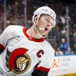 Mar 9, 2026; Vancouver, British Columbia, CAN; Ottawa Senators forward Brady Tkachuk (7) celebrates his goal against the Vancouver Canucks in the third period at Rogers Arena.