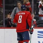 Mar 31, 2026; Washington, District of Columbia, USA; Washington Capitals left wing Alex Ovechkin (8) fist bumps his family through the glass after the game against the Philadelphia Flyers at Capital One Arena. Mandatory Credit: Geoff Burke-Imagn Images