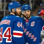 Apr 5, 2026; New York, New York, USA; New York Rangers center J.T. Miller (8) talks with defenseman Vladislav Gavrikov (44) before a face-off against the Washington Capitals during the second period at Madison Square Garden. Mandatory Credit: Danny Wild-Imagn