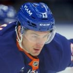 Mar 28, 2026; Elmont, New York, USA; New York Islanders center Mathew Barzal (13) skates against the Florida Panthers during the first period at UBS Arena. Mandatory Credit: Brad Penner-Imagn Images