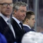 Mar 3, 2025; New York, New York, USA; New York Islanders head coach Patrick Roy reacts as he coaches against the New York Rangers during the second period at Madison Square Garden. Mandatory Credit: Brad Penner-Imagn Images
