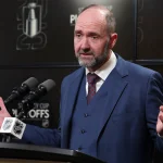 May 9, 2025; Winnipeg, Manitoba, CAN; Dallas Stars head coach Pete DeBoer talks to media after their loss to the Winnipeg Jets in game two of the second round of the 2025 Stanley Cup Playoffs at Canada Life Centre. Mandatory Credit: James Carey Lauder-Imagn Images