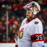 Mar 5, 2026; Calgary, Alberta, CAN; Ottawa Senators goaltender Linus Ullmark (35) during the second period against the Calgary Flames at Scotiabank Saddledome. Mandatory Credit: Sergei Belski-Imagn