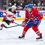 Apr 5, 2026; Montreal, Quebec, CAN; Montreal Canadiens right wing Brendan Gallagher (11) tracks the play against the New Jersey Devils during the first period at Bell Centre.