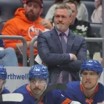 Mar 22, 2026; Elmont, New York, USA; New York Islanders head coach Patrick Roy coaches against the Columbus Blue Jackets during the first period at UBS Arena.