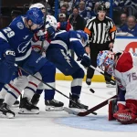 31 mars 2026 ; Tampa, Floride, États-Unis ; le gardien canadien Jakub Dobes (75) bloque un tir en troisième période contre le Lightning de Tampa Bay à la Benchmark International Arena. Crédit photo obligatoire :