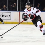 Mar 23, 2026; New York, New York, USA; Ottawa Senators defenseman Thomas Chabot (72) controls the puck in the first period against the New York Rangers at Madison Square Garden. Mandatory Credit: Wendell Cruz-Imagn Images