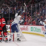 Mar 4, 2026; Newark, New Jersey, USA; Toronto Maple Leafs left wing Matthew Knies (23) celebrates his goal against the New Jersey Devils during the third period at Prudential Center. Mandatory Credit: Ed Mulholland-Imagn Images
