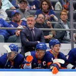 Mar 30, 2026; Elmont, New York, USA; New York Islanders head coach Patrick Roy and players on the bench react during the third period against the Pittsburgh Penguins at UBS Arena. Mandatory Credit: Brad Penner-Imagn Images