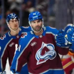 Mar 30, 2026; Denver, Colorado, USA; Colorado Avalanche center Nazem Kadri (91) celebrates his first goal of the first period against the Calgary Flames at Ball Arena.