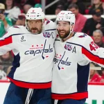 Apr 2, 2025; Raleigh, North Carolina, USA; Washington Capitals left wing Alex Ovechkin (8) clebrates his goal with right wing Tom Wilson (43) against the Carolina Hurricanes during the second period at Lenovo Center. Mandatory Credit: James Guillory-Imagn Images