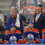 Nov 13, 2023; Edmonton, Alberta, CAN; Edmonton Oilers Assistant Coach Paul Coffey looks on from the bench against the New York Islanders at Rogers Place. Mandatory Credit: Perry Nelson-Imagn Images
