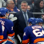 Mar 28, 2026; Elmont, New York, USA; New York Islanders head coach Patrick Roy reacts as he coaches against the Florida Panthers during the first period at UBS Arena. Mandatory Credit: Brad Penner-Imagn Images