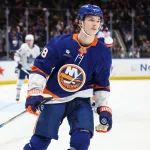 Apr 9, 2026; Elmont, New York, USA; New York Islanders defenseman Matthew Schaefer (48) reacts after scoring a goal in the second period against the Toronto Maple Leafs at UBS Arena. Mandatory Credit: Wendell Cruz-Imagn Images