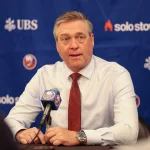 Mar 1, 2025; Elmont, New York, USA; New York Islanders head coach Patrick Roy addresses the media during a pregame press conference before the game against the Nashville Predators at UBS Arena.